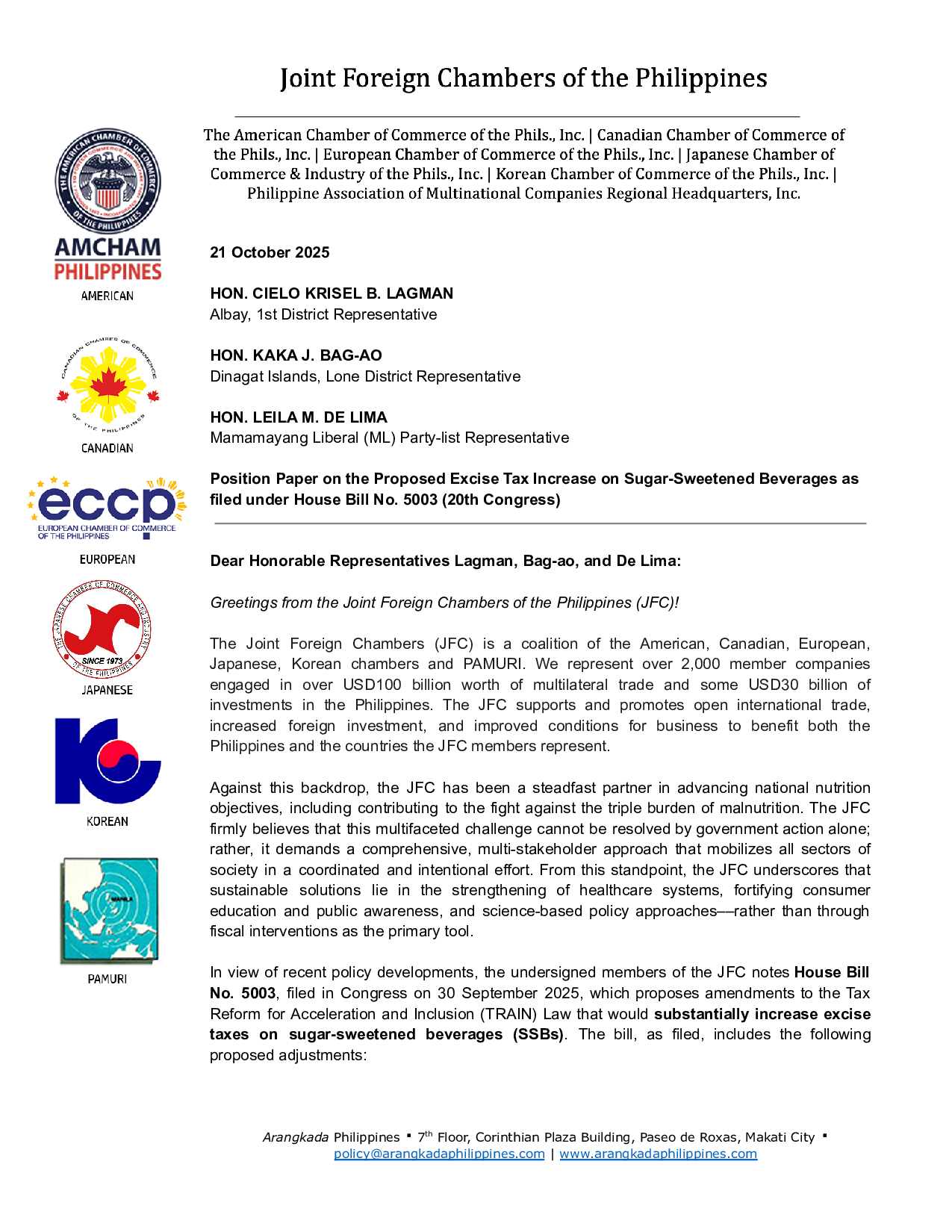 Position Paper on the Proposed Excise Tax Increase on Sugar-Sweetened Beverages as filed under House Bill No. 5003 (20th Congress)