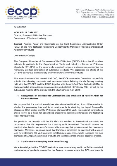 Position Paper and Comments on the Draft Department Administrative Order (DAO) on the New Technical Regulations Concerning the Mandatory Product Certification of Automotive Products