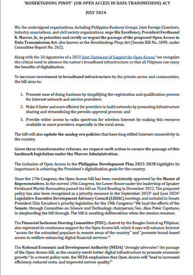 Joint Statement by PBG, JFC, Industry Associations, and Civil Society Organizations to Certify as Urgent the Proposed “Konektadong Pinoy” (Or Open Access in Data Transmission) Act