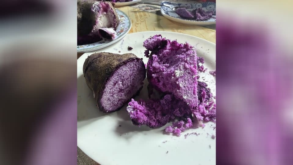 A purple yam known as ube is served on a plate. - InÃ¨s and Nora Gozan